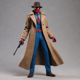 An imaginative construct of a character that's a blend of Spiderman and a mafia figure. Dressed in Spiderman's suit but with a fedora and a trench coat, carrying a tommy gun instead of web slinger.