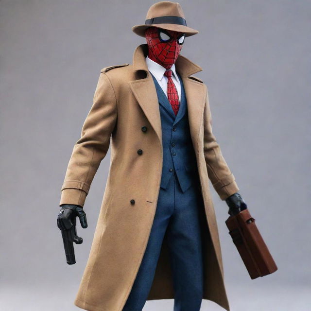 An imaginative construct of a character that's a blend of Spiderman and a mafia figure. Dressed in Spiderman's suit but with a fedora and a trench coat, carrying a tommy gun instead of web slinger.