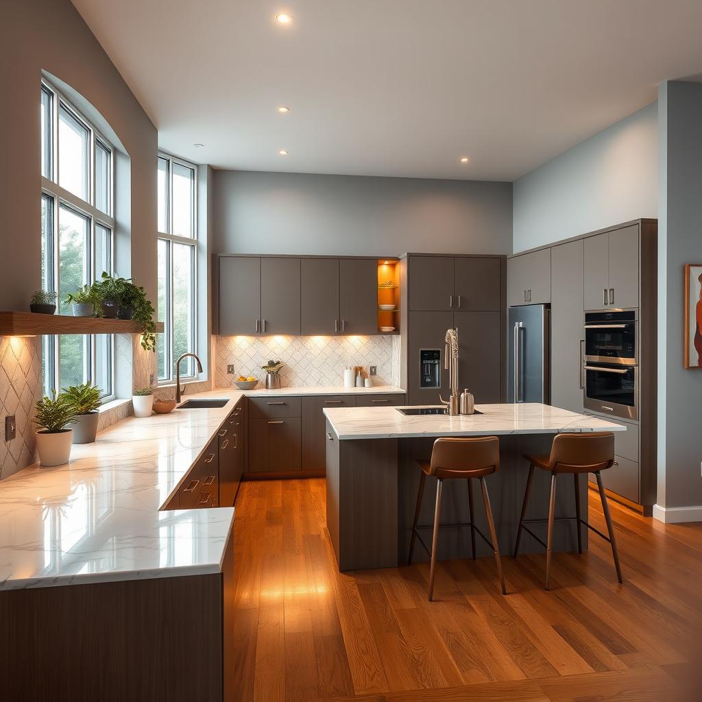 A beautifully designed modern kitchen interior featuring sleek cabinetry, a spacious island with marble countertops, and high-end appliances
