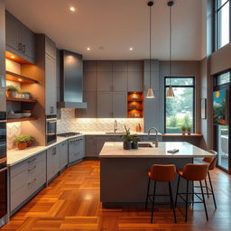 A beautifully designed modern kitchen interior featuring sleek cabinetry, a spacious island with marble countertops, and high-end appliances