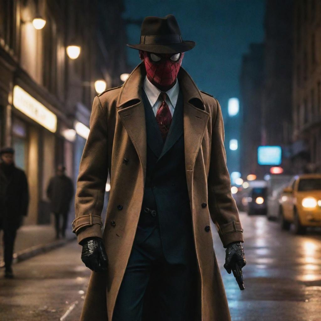 A unique Spiderman-mafia hybrid character confidently walking through a bustling city street at night. Dressed in Spiderman's suit, with a distinctive fedora, trench coat, and holding a tommy gun.