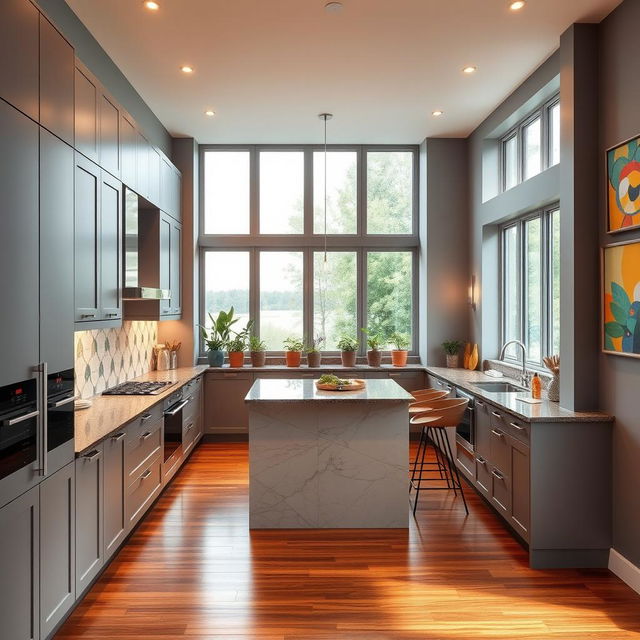 A beautifully designed modern kitchen interior featuring sleek cabinetry, a spacious island with marble countertops, and high-end appliances