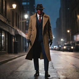 A unique Spiderman-mafia hybrid character confidently walking through a bustling city street at night. Dressed in Spiderman's suit, with a distinctive fedora, trench coat, and holding a tommy gun.