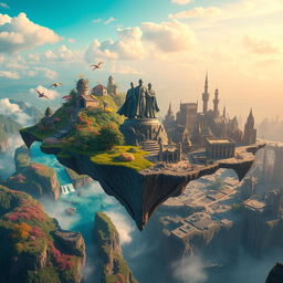 A breathtaking landscape of a floating land in the sky divided into two distinct halves