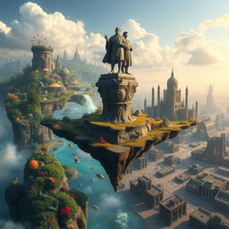 A breathtaking landscape of a floating land in the sky divided into two distinct halves