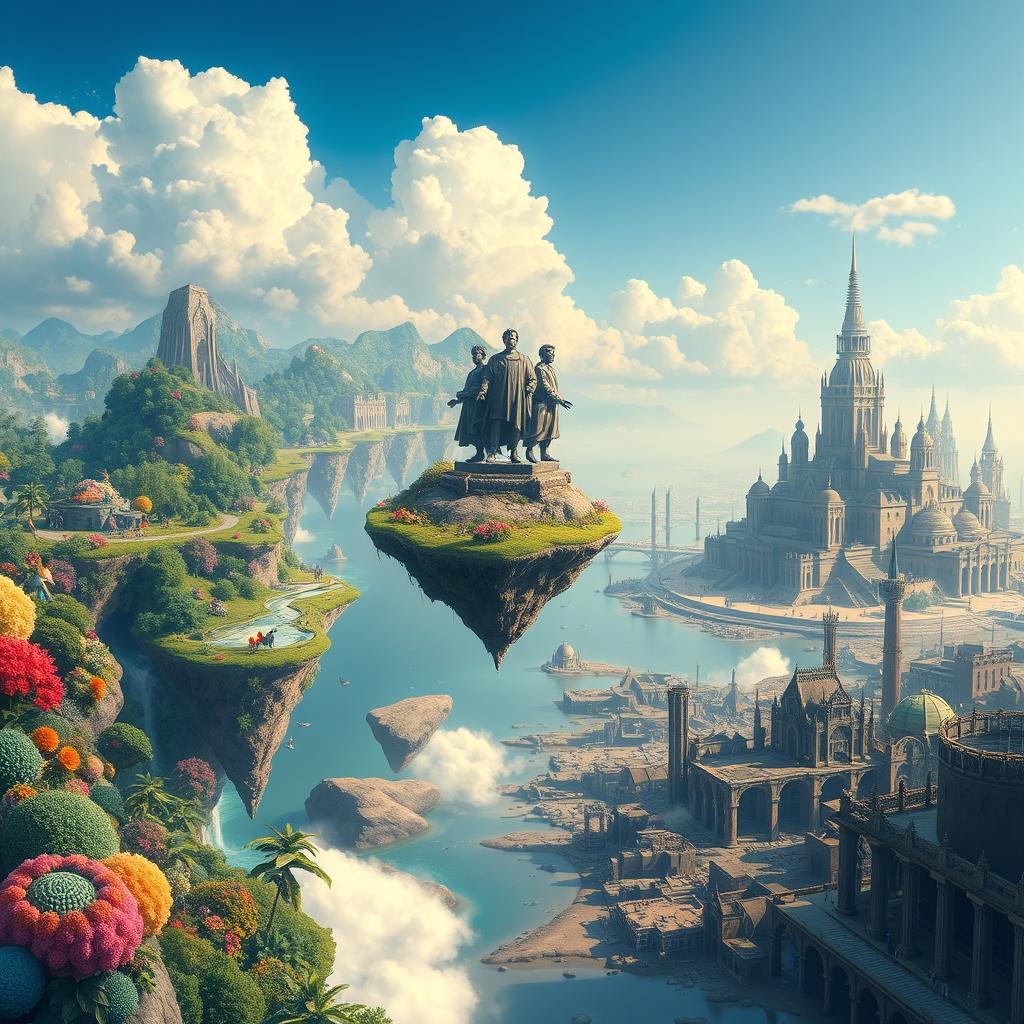 A breathtaking landscape of a floating land in the sky divided into two distinct halves