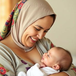 A smiling 24-year-old woman wearing a colorful hijab, with very large breasts, tenderly looking at a baby in her arms