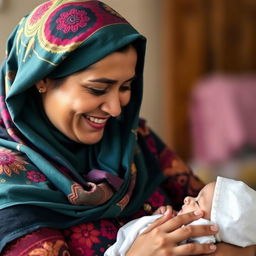 A smiling 24-year-old woman wearing a colorful hijab, with very large breasts, tenderly looking at a baby in her arms