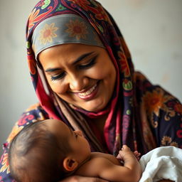 A smiling 24-year-old woman wearing a colorful hijab, with very large breasts, tenderly looking at a baby in her arms