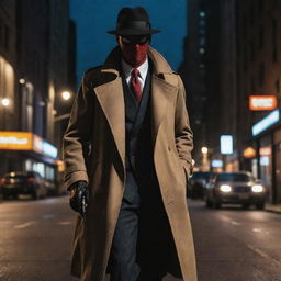 A unique Spiderman-mafia hybrid character confidently walking through a bustling city street at night. Dressed in Spiderman's suit, with a distinctive fedora, trench coat, and holding a tommy gun.