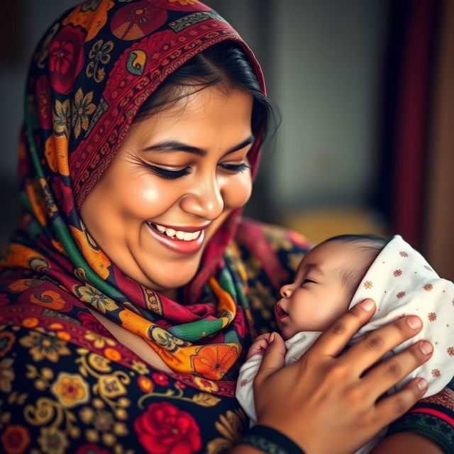 A smiling 24-year-old woman wearing a colorful hijab, with very large breasts, tenderly looking at a baby in her arms