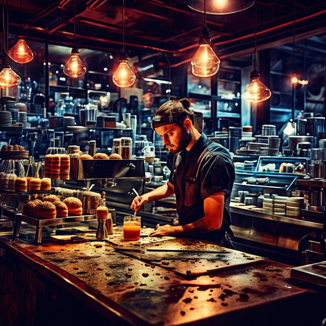 Ultra-high-definition photograph of a trendy night cafe with intricate details, intense lighting effects, and immaculate composition, akin to a cinematic scene or an intense magazine photoshoot.