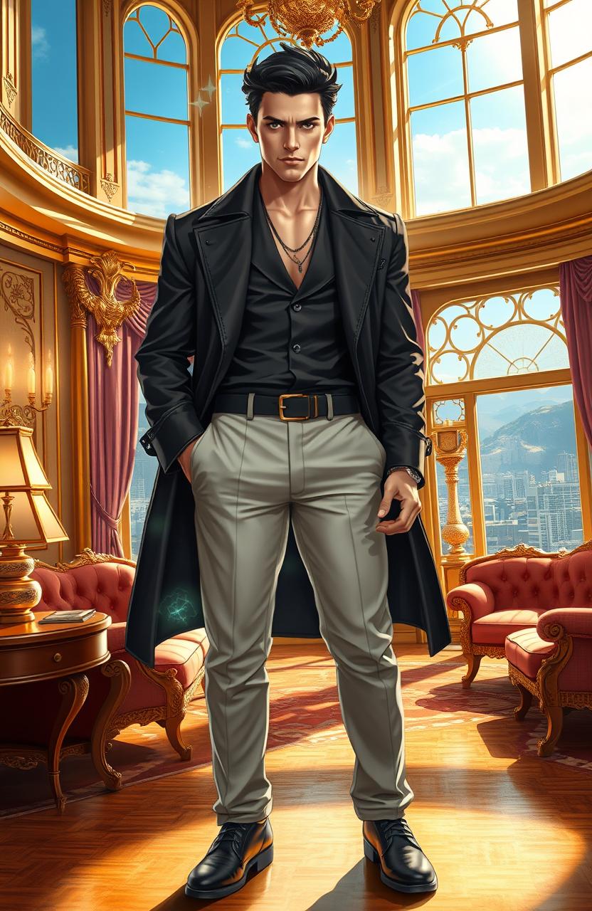 A tall young man standing confidently in an opulent mansion, showcasing his transformation from poverty to wealth