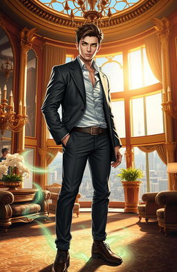 A tall young man standing confidently in an opulent mansion, showcasing his transformation from poverty to wealth