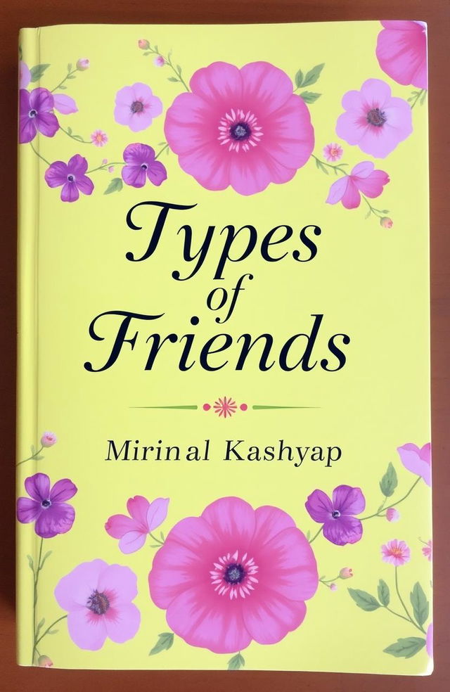 A light yellow book cover featuring the title 'Types of Friends' by Mrinal Kashyap, adorned with a beautiful floral print