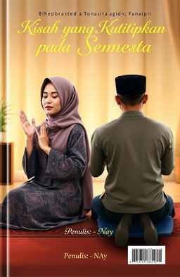 A romantic novel cover depicting two characters in prayer during tahajjud, separated by distance but connected spiritually