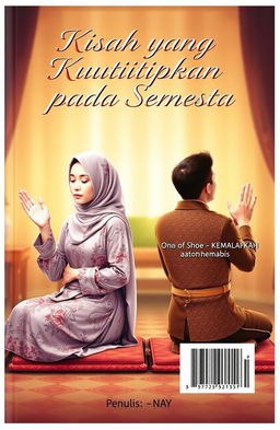 A romantic novel cover depicting two characters in prayer during tahajjud, separated by distance but connected spiritually