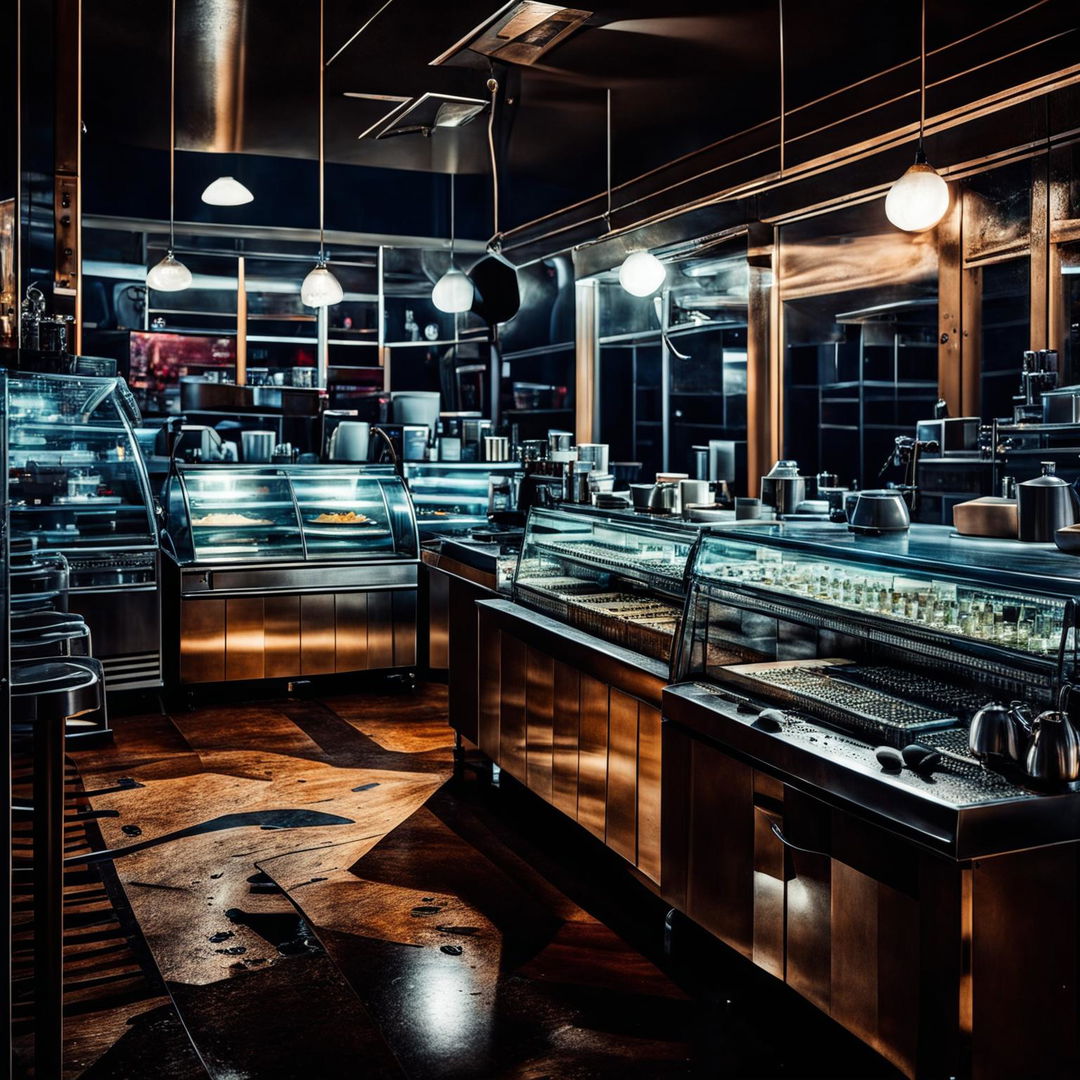 Ultra-high-definition photograph of a pristine, trendy night cafe devoid of people, with intricate details, intense lighting effects, and immaculate composition, akin to a cinematic scene or an intense magazine photoshoot.