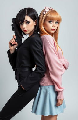 A 23-year-old girl with black hair and grey eyes stands confidently back to back with another girl