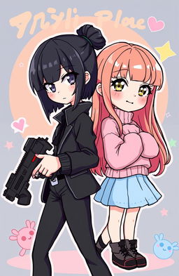 A vibrant cartoon-style illustration featuring a black-haired girl with striking grey eyes, dressed in stylish black attire, holding a gun confidently