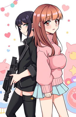 A vibrant cartoon-style illustration featuring a black-haired girl with striking grey eyes, dressed in stylish black attire, holding a gun confidently