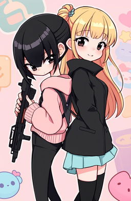 A vibrant cartoon-style illustration featuring a black-haired girl with striking grey eyes, dressed in stylish black attire, holding a gun confidently