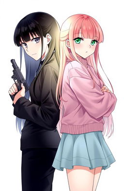 A semi-realistic illustration featuring two girls back-to-back