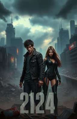 A dystopian scene set in the year 2124, featuring two main characters: a rugged male with short, tousled hair and wearing a worn leather jacket, and a determined female with long, sleek hair and futuristic attire