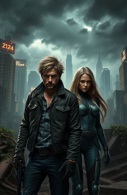 A dystopian scene set in the year 2124, featuring two main characters: a rugged male with short, tousled hair and wearing a worn leather jacket, and a determined female with long, sleek hair and futuristic attire