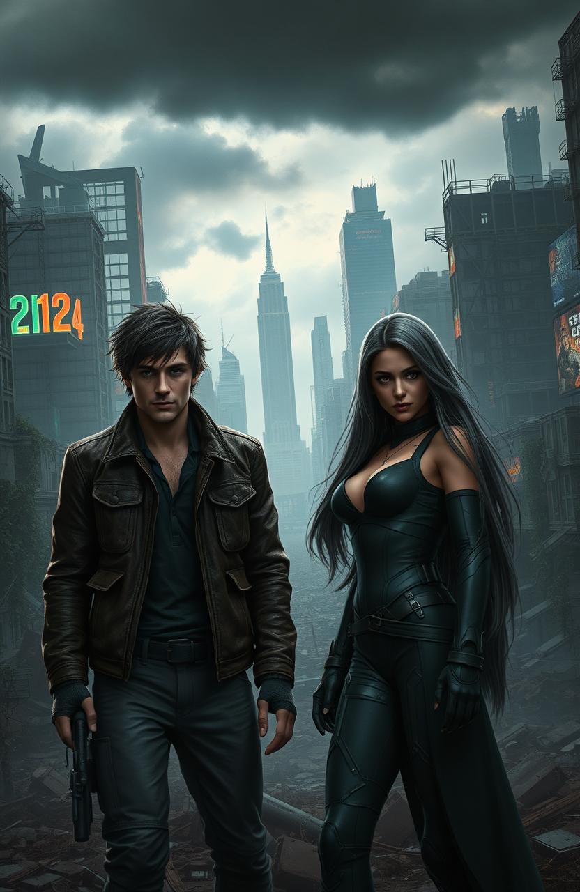 A dystopian scene set in the year 2124, featuring two main characters: a rugged male with short, tousled hair and wearing a worn leather jacket, and a determined female with long, sleek hair and futuristic attire