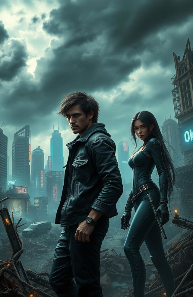 A dystopian scene set in the year 2124, featuring two main characters: a rugged male with short, tousled hair and wearing a worn leather jacket, and a determined female with long, sleek hair and futuristic attire