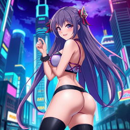A beautiful anime girl with long flowing hair, elegantly posed in a futuristic cityscape