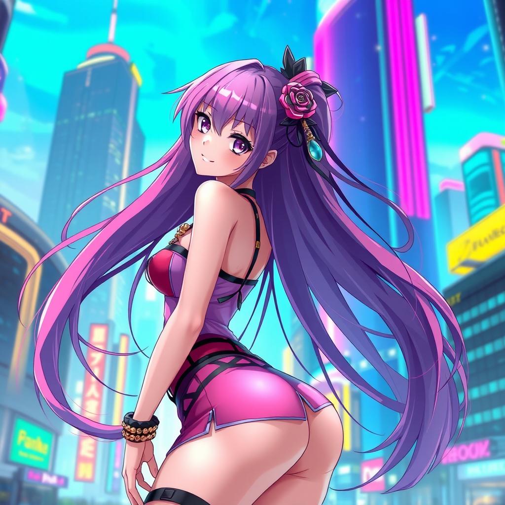 A beautiful anime girl with long flowing hair, elegantly posed in a futuristic cityscape