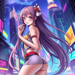 A beautiful anime girl with long flowing hair, elegantly posed in a futuristic cityscape