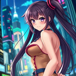 A beautiful anime girl with long flowing hair, elegantly posed in a futuristic cityscape