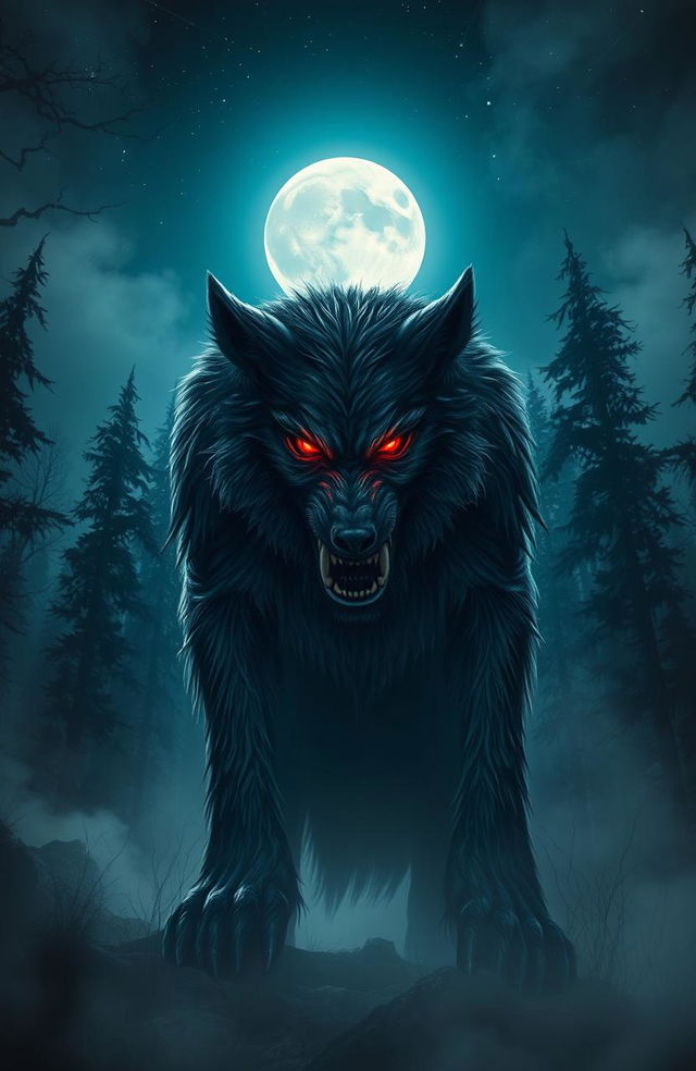 A fierce and dramatic depiction of a werewolf, or 'lobo sangriento', standing under a full moon in a dark, eerie forest