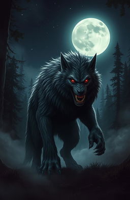 A fierce and dramatic depiction of a werewolf, or 'lobo sangriento', standing under a full moon in a dark, eerie forest