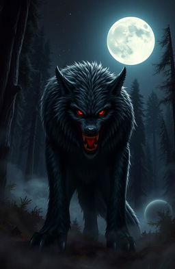 A fierce and dramatic depiction of a werewolf, or 'lobo sangriento', standing under a full moon in a dark, eerie forest