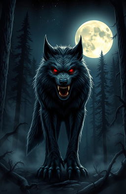 A fierce and dramatic depiction of a werewolf, or 'lobo sangriento', standing under a full moon in a dark, eerie forest