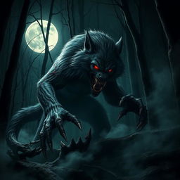 A terrifying scene featuring a menacing werewolf, or 'lobo sangriento asesino', poised for attack in a shadowy forest