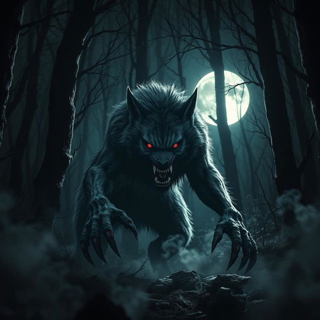 A terrifying scene featuring a menacing werewolf, or 'lobo sangriento asesino', poised for attack in a shadowy forest