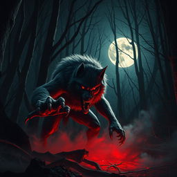 A terrifying scene featuring a menacing werewolf, or 'lobo sangriento asesino', poised for attack in a shadowy forest