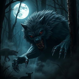 A terrifying scene featuring a menacing werewolf, or 'lobo sangriento asesino', poised for attack in a shadowy forest