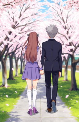 A high school couple holding hands, seen from the back view, featuring classic anime styling