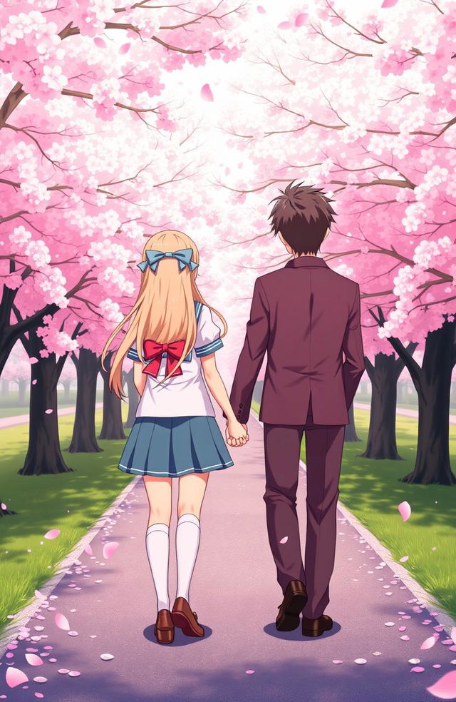 A high school couple holding hands, seen from the back view, featuring classic anime styling