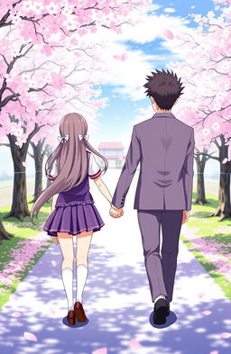 A high school couple holding hands, seen from the back view, featuring classic anime styling