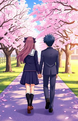A high school couple holding hands, seen from the back view, featuring classic anime styling