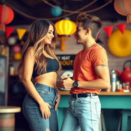 A vibrant and suggestive scene featuring a confident and attractive 25-year-old woman with long flowing hair, wearing a stylish outfit that accentuates her curves, including a fashionable top that highlights her figure and fitted jeans that showcase her shape