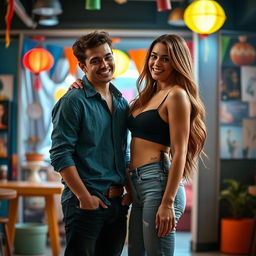 A vibrant and suggestive scene featuring a confident and attractive 25-year-old woman with long flowing hair, wearing a stylish outfit that accentuates her curves, including a fashionable top that highlights her figure and fitted jeans that showcase her shape