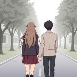 A high school couple holding hands, seen from the back view, illustrated in a subtle anime style